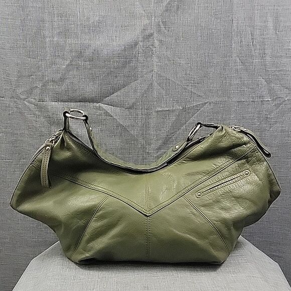 B. Makowsky Olive Green Fringed & Studded Metallic Leather Hobo Shoulder Bag - Picture 6 of 10